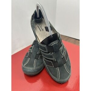 Clarks Collection Womens 7 Dark Gray Nubuck Leather Fisherman Slip On Flats